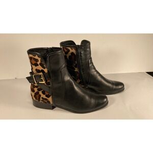 J. Renee Black Leather Leopard Calf‎ Hair Ankle Boots Gold Buckle 6.5M YB-003